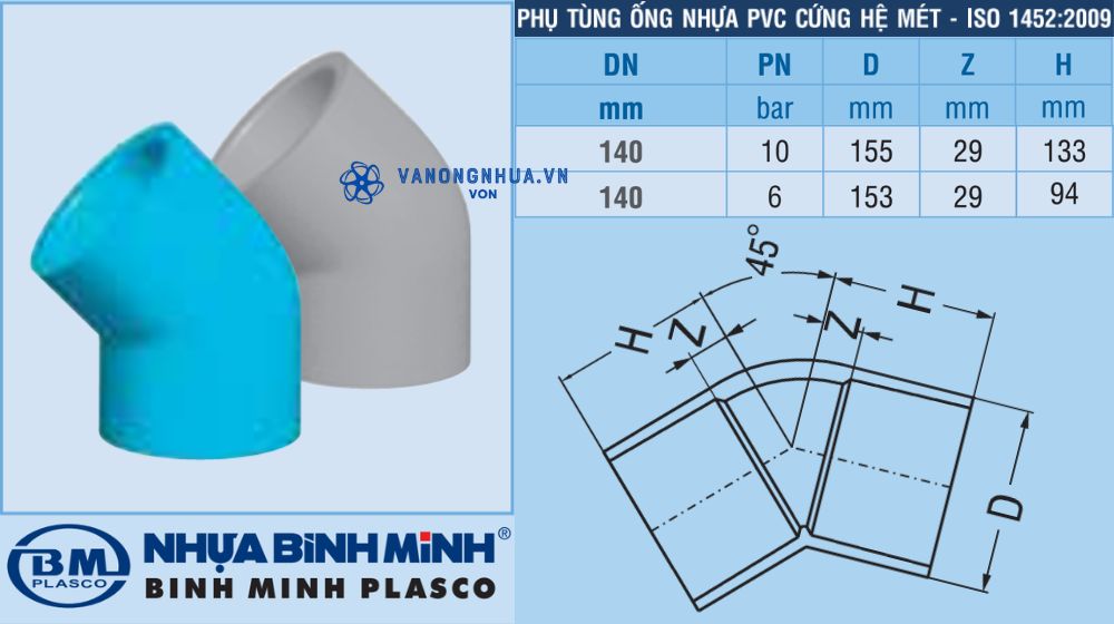 chếch upvc d140 bình minh