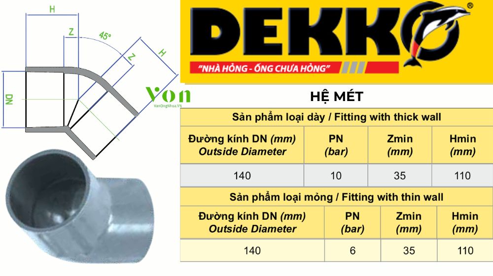 chếch upvc d140 dekko