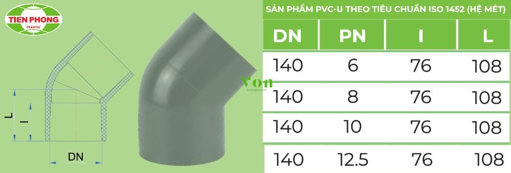 chếch upvc d140 tiền phong
