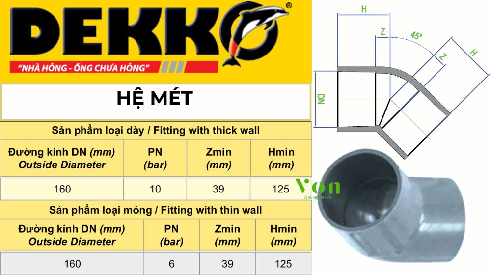 chếch upvc d160 dekko