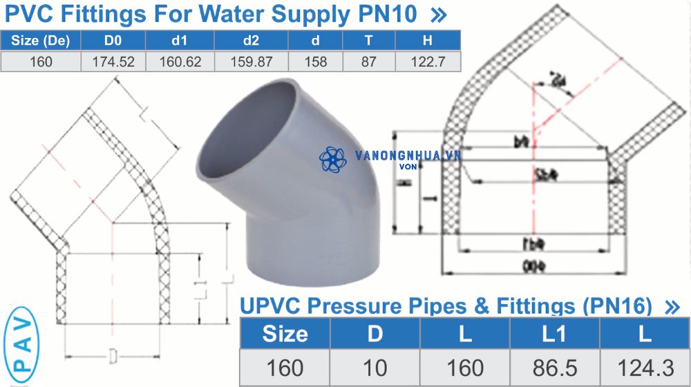 chếch upvc d160 pav