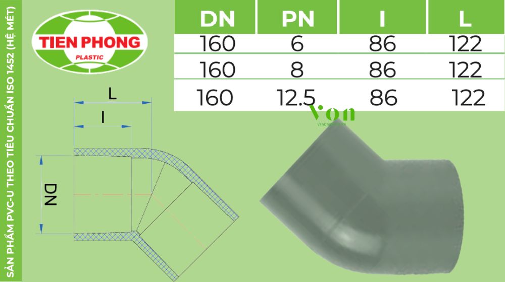 chếch upvc d160 tiền phong