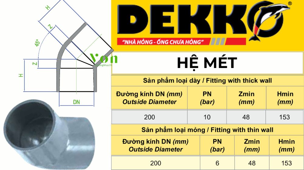 chếch upvc d200 dekko