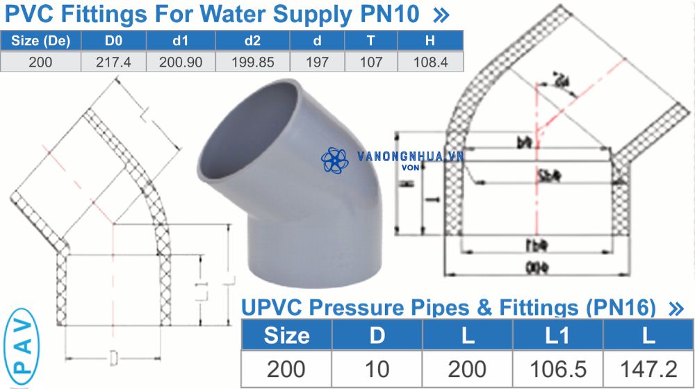 chếch upvc d200 pav