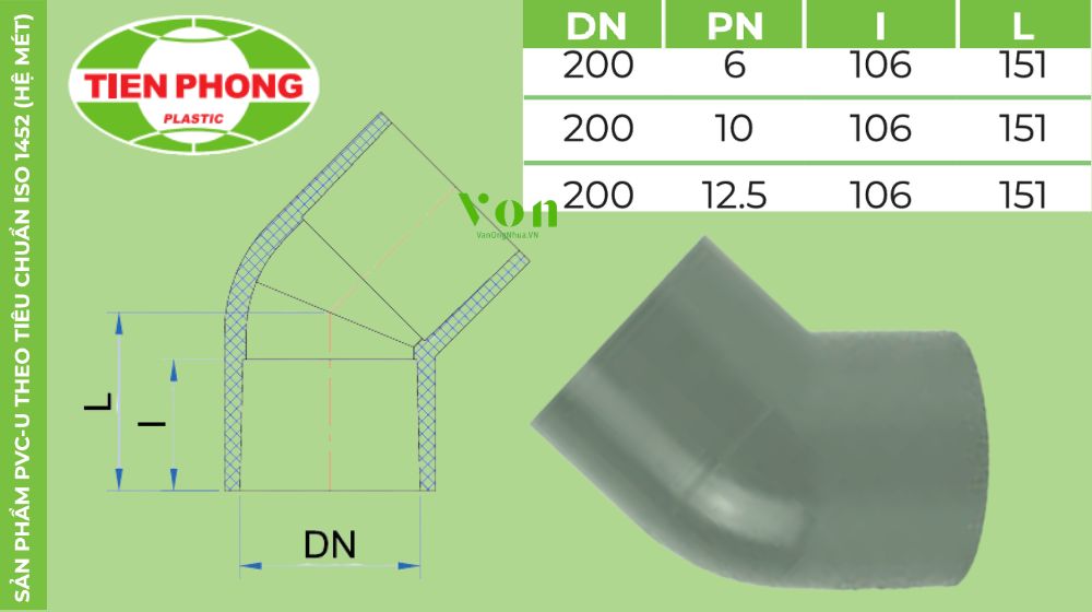 chếch upvc d200 tiền phong