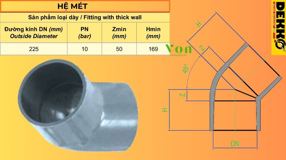 chếch upvc d225 dekko