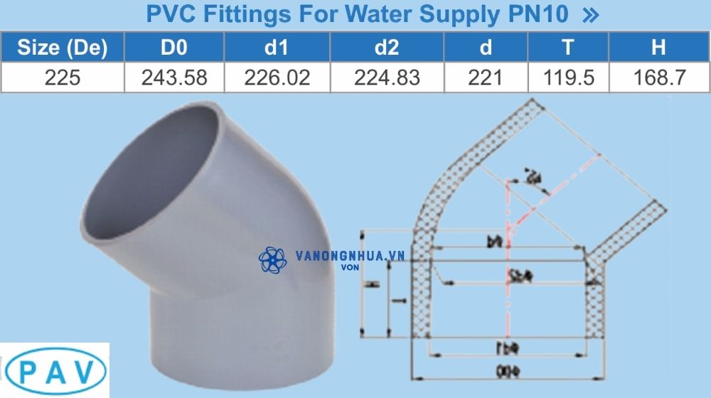 chếch upvc d225 pav