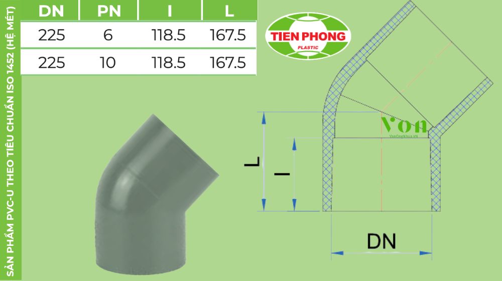 chếch upvc d225 tiền phong
