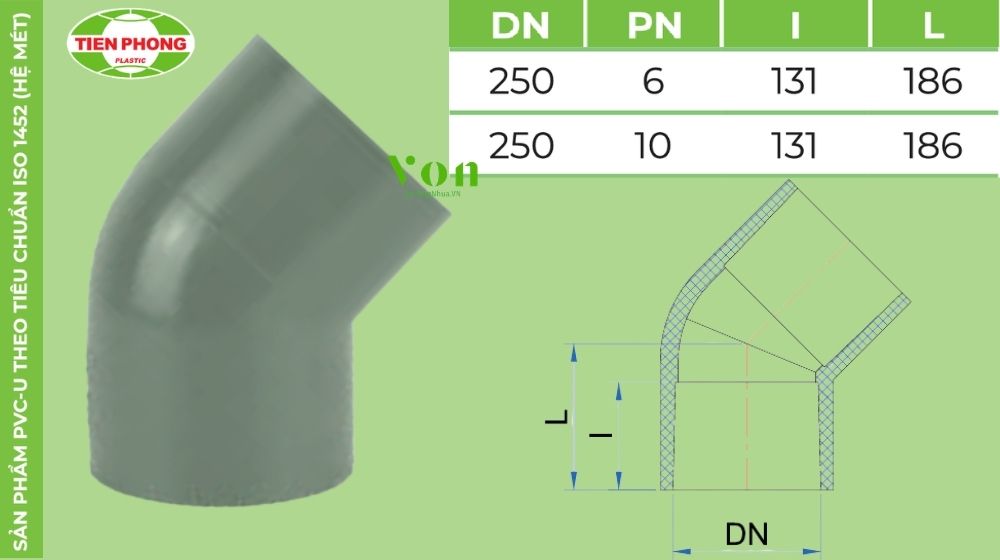 chếch upvc d250 tiền phong