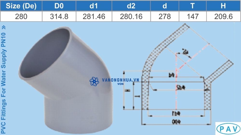 chếch upvc d280 pav