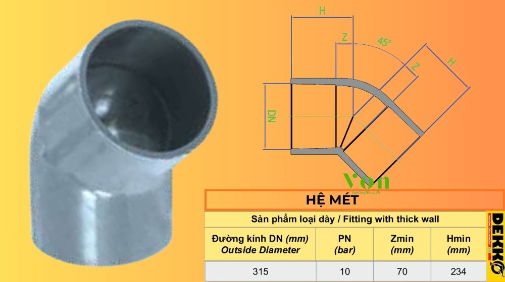 chếch upvc d315 dekko