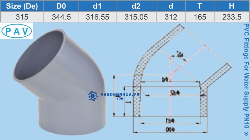 chếch upvc d315 pav