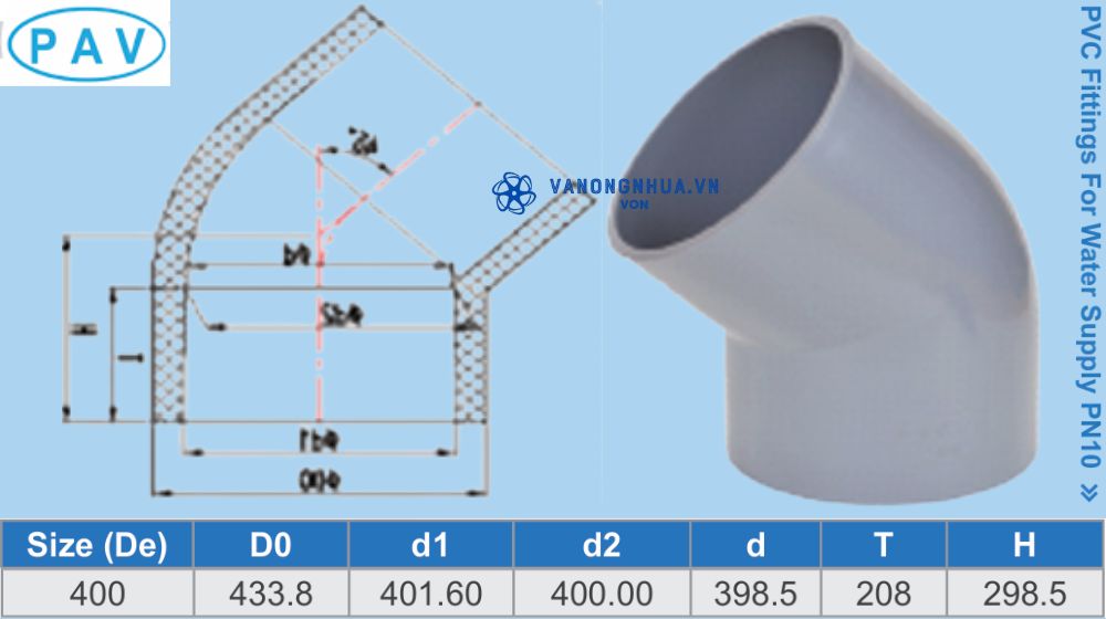 chếch upvc d400 pav