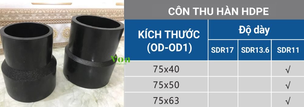 côn thu hdpe 75 chịu áp bao nhiêu