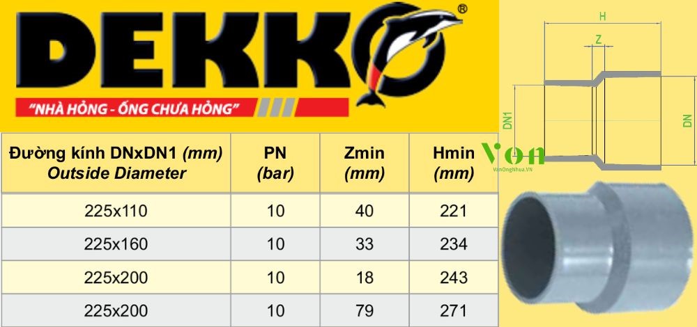 côn thu upvc d225 dekko