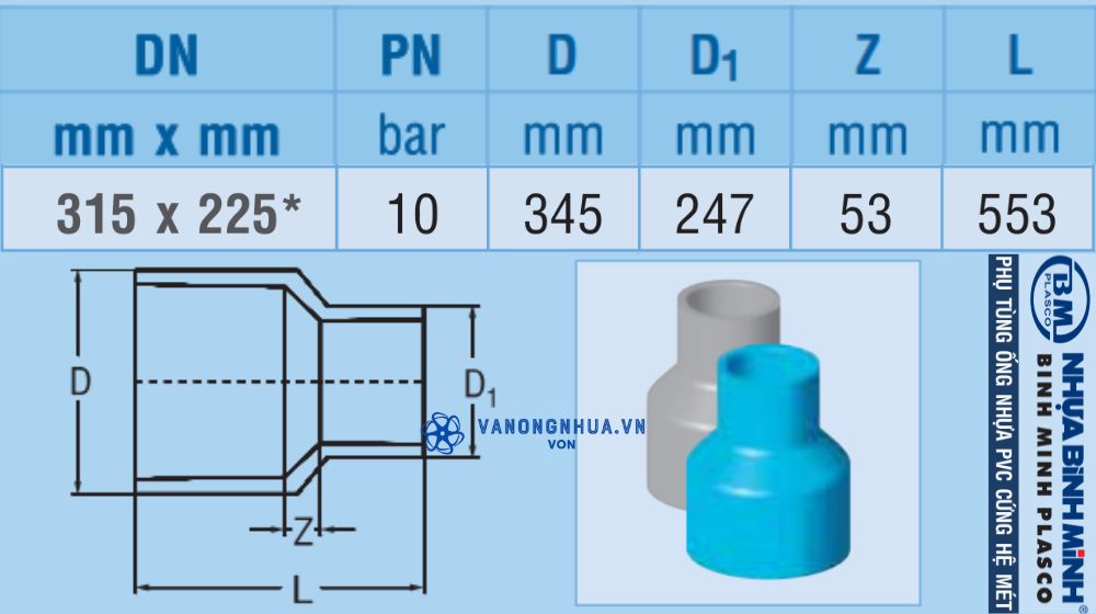 côn thu upvc d315 bình minh