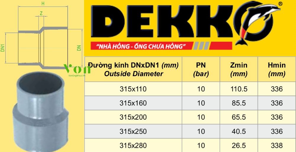 côn thu upvc d315 dekko
