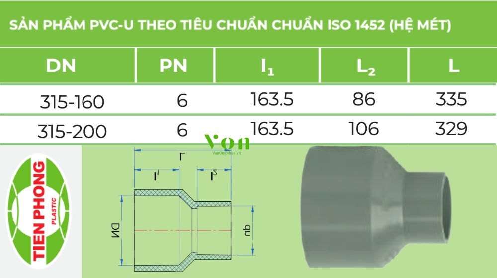côn thu upvc d315 tiền phong