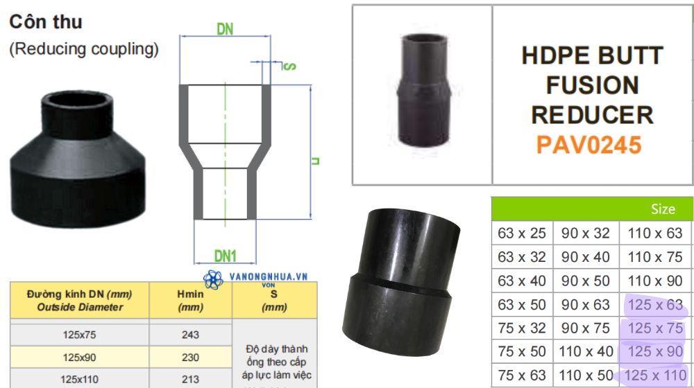 nhà cung cấp côn thu hdpe 125