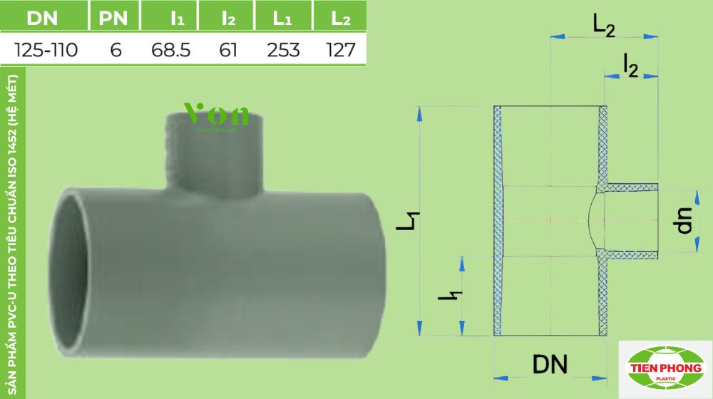 tê upvc d125 tiền phong