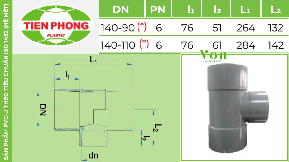 tê upvc d140 tiền phong
