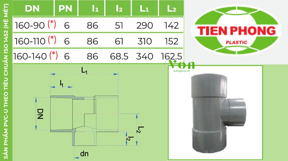 tê upvc d160 tiền phong
