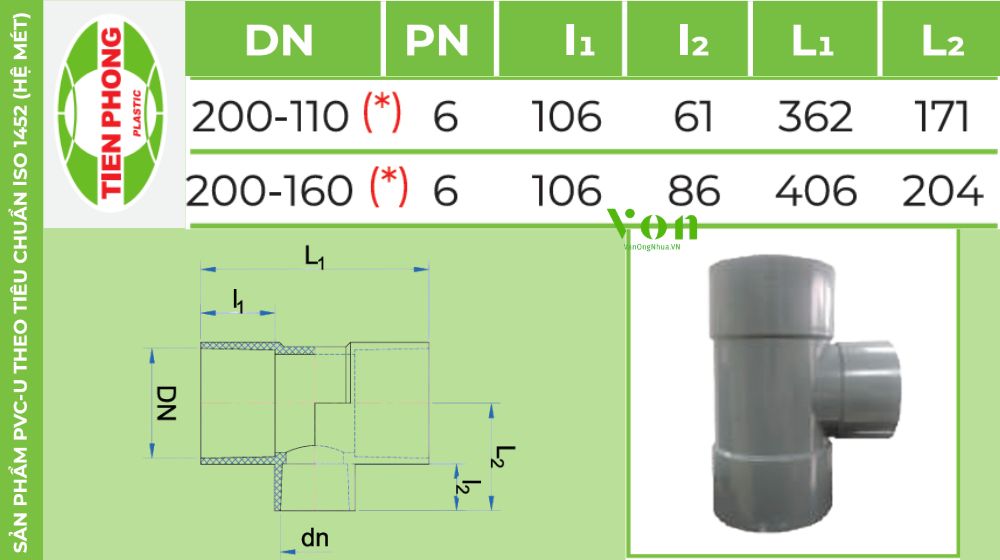tê upvc d200 tiền phong