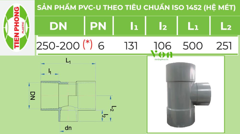 tê upvc d250 tiền phong