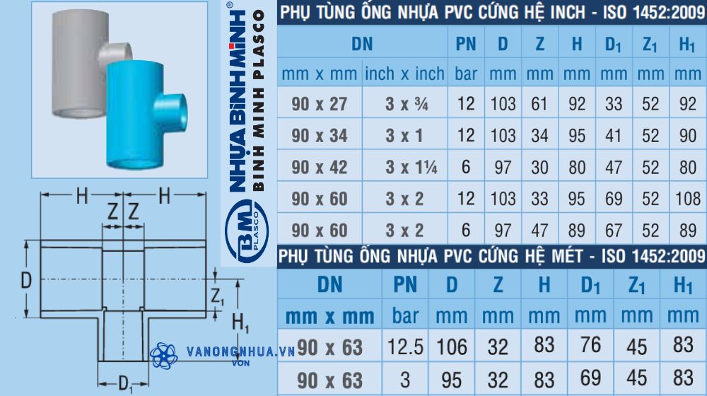 tê upvc d90 bình minh