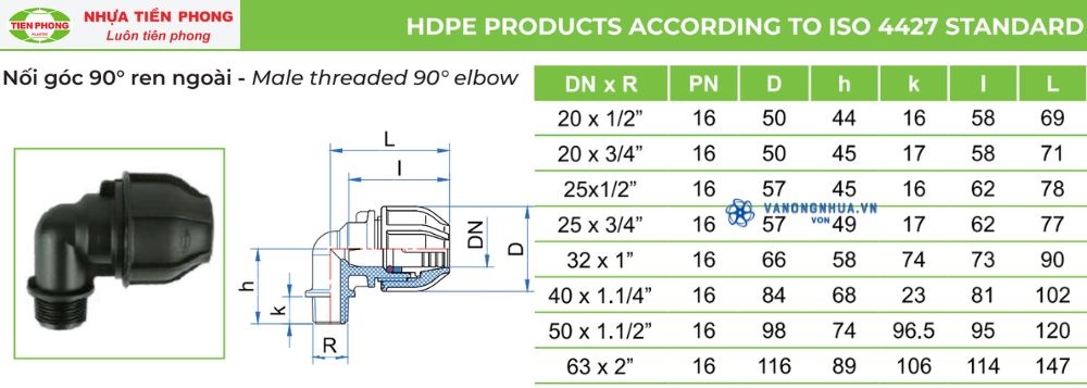 kích cỡ nối góc 90 hdpe tiền phong 1 đầu ren