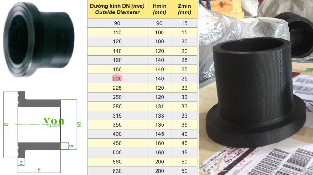 nhãn hiệu đầu nối bích hdpe d200