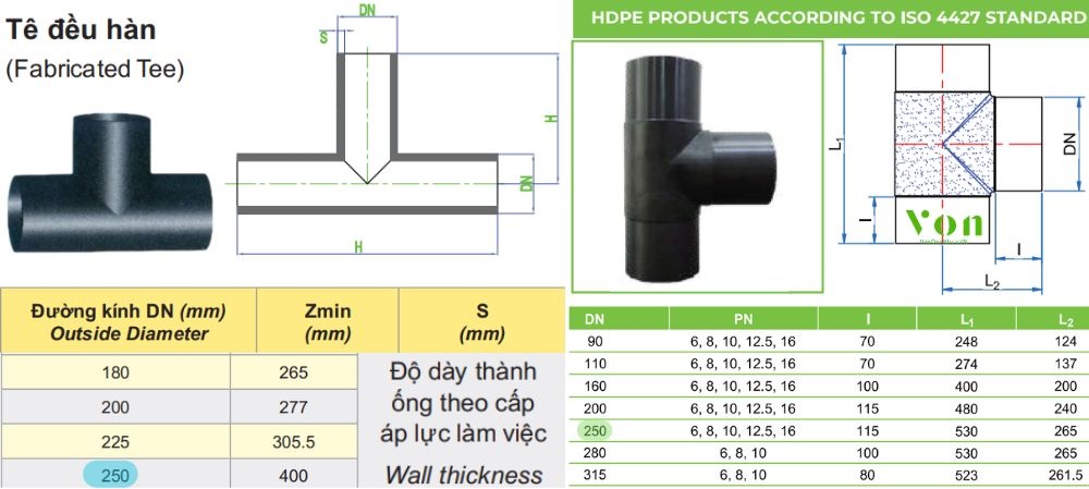 tê hdpe 250 tiền phong và dekko