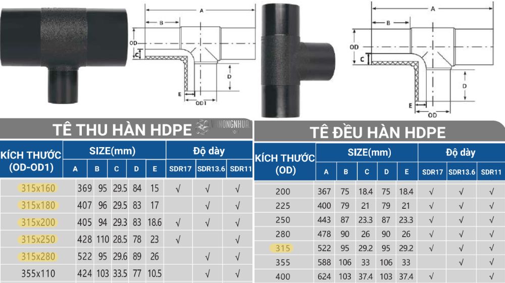 tê hdpe 315 hàn nhiệt von