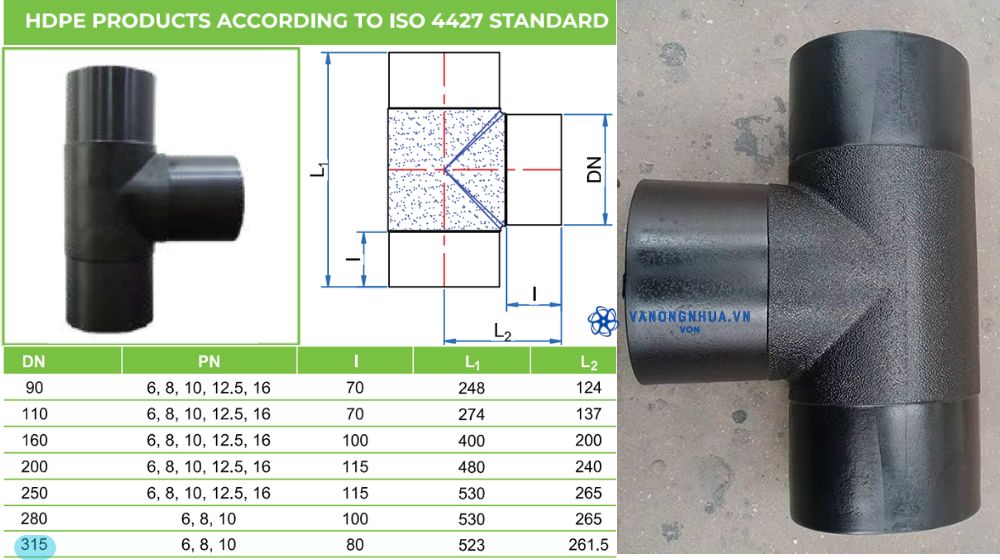tê hdpe 315 tiền phong
