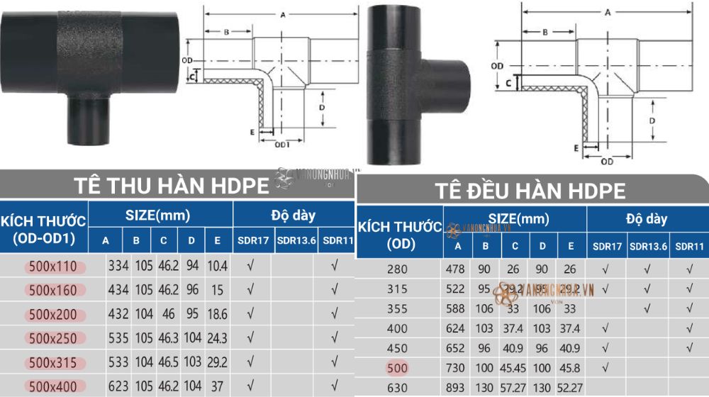 tê hdpe 500 hàn nhiệt von