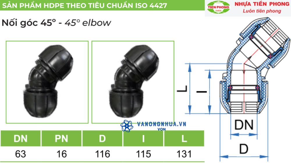 kích cỡ của nối góc 45 hdpe tiền phong